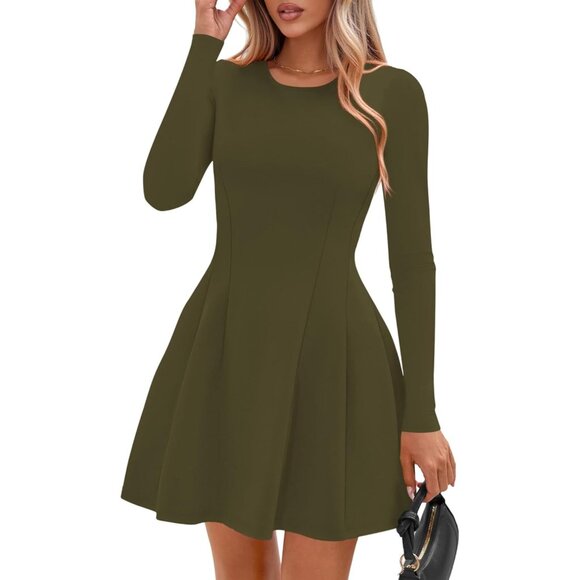 Long Sleeve Army Green Mini Dress Women Fall 2025 Crewneck Line Babydoll Casual - Picture 8 of 8
